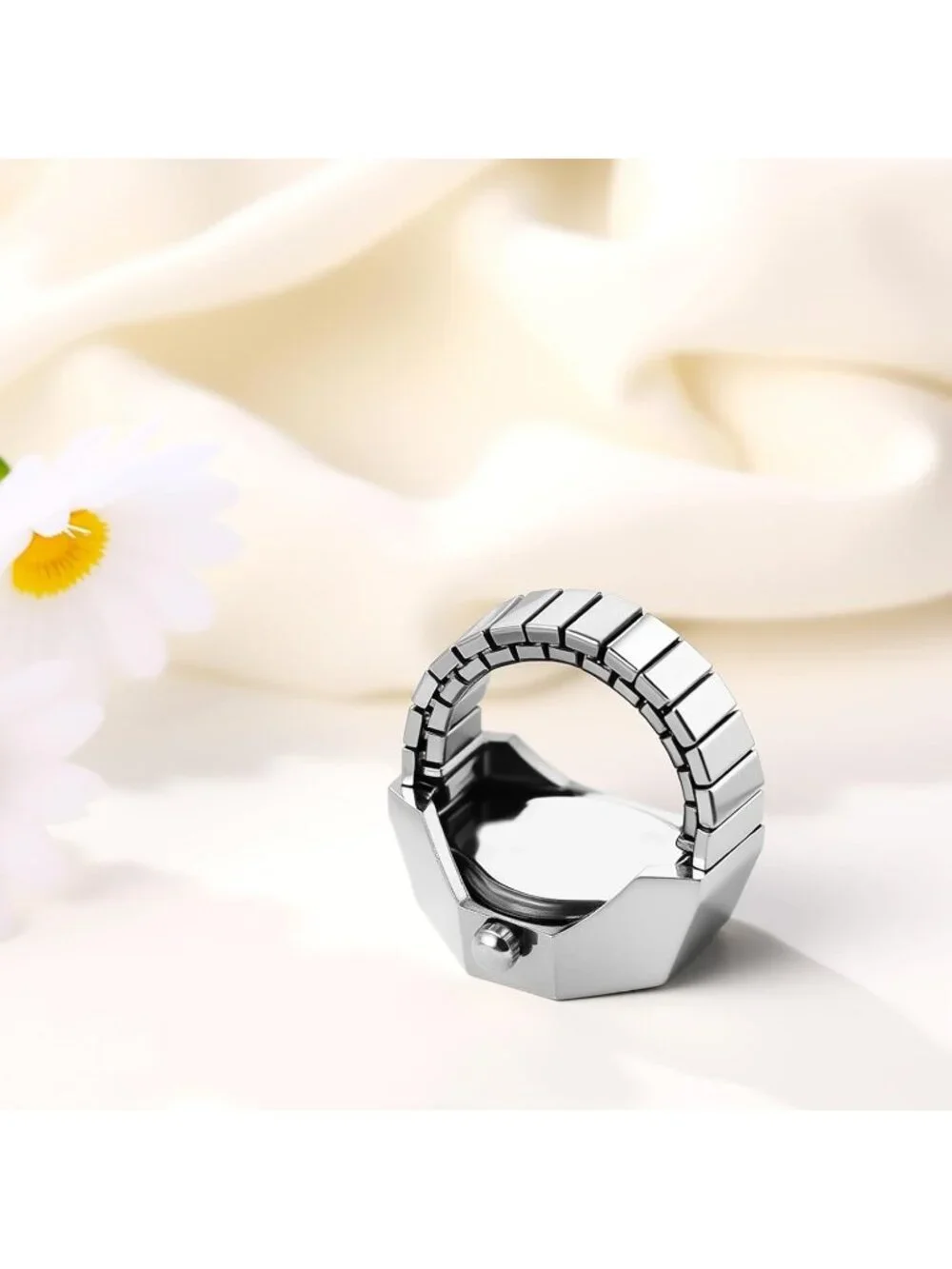 Unisex Silver Analog Quartz Stretchy Elastic Band Octagon Dial Finger Ring Watch
